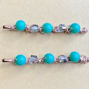 Sea Green & Crystal Clear Vitriol Cubes Beaded Bobby Pins